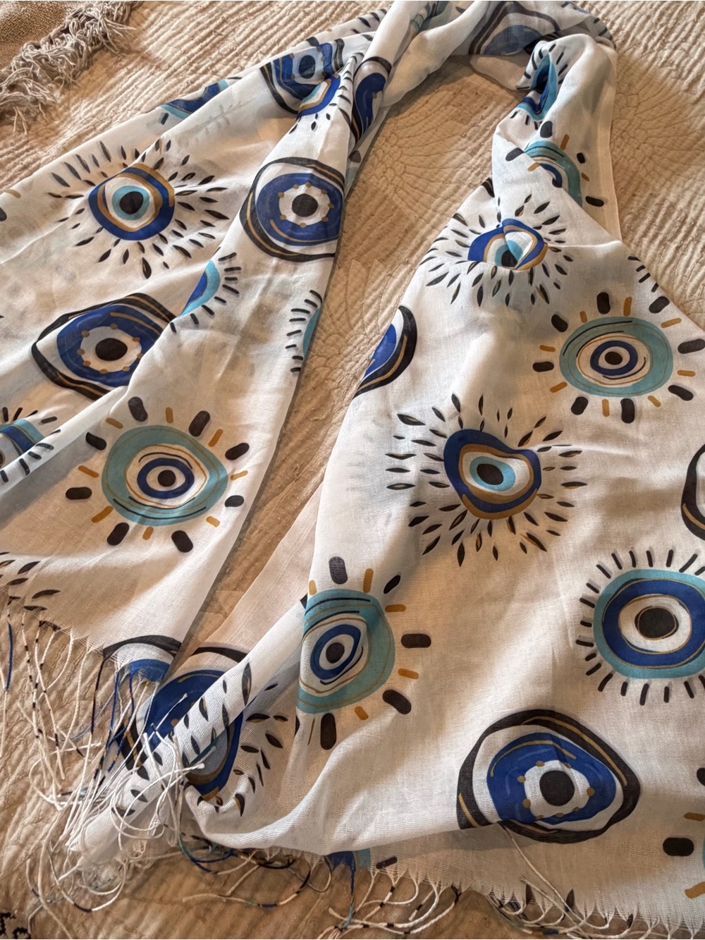 Lightweight White Scarf with Blue & Teal Concentric eye/ Sun Motifs